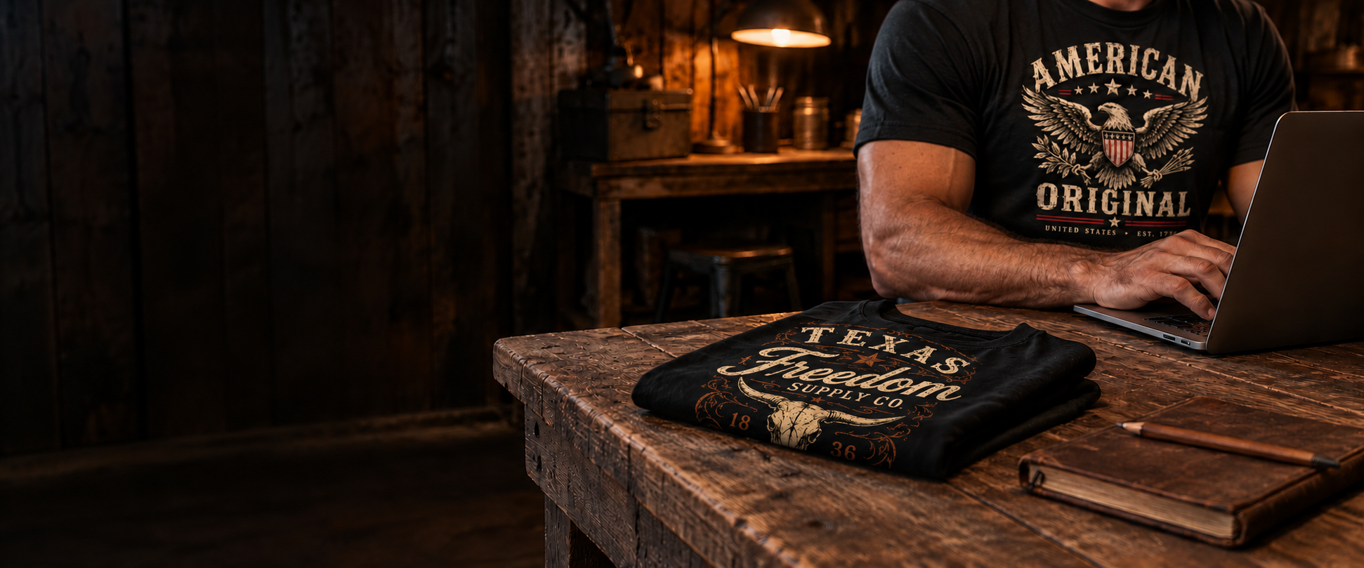 American Original shirt worn at a workshop desk, with a Freedom Supply shirt laid out beside a laptop