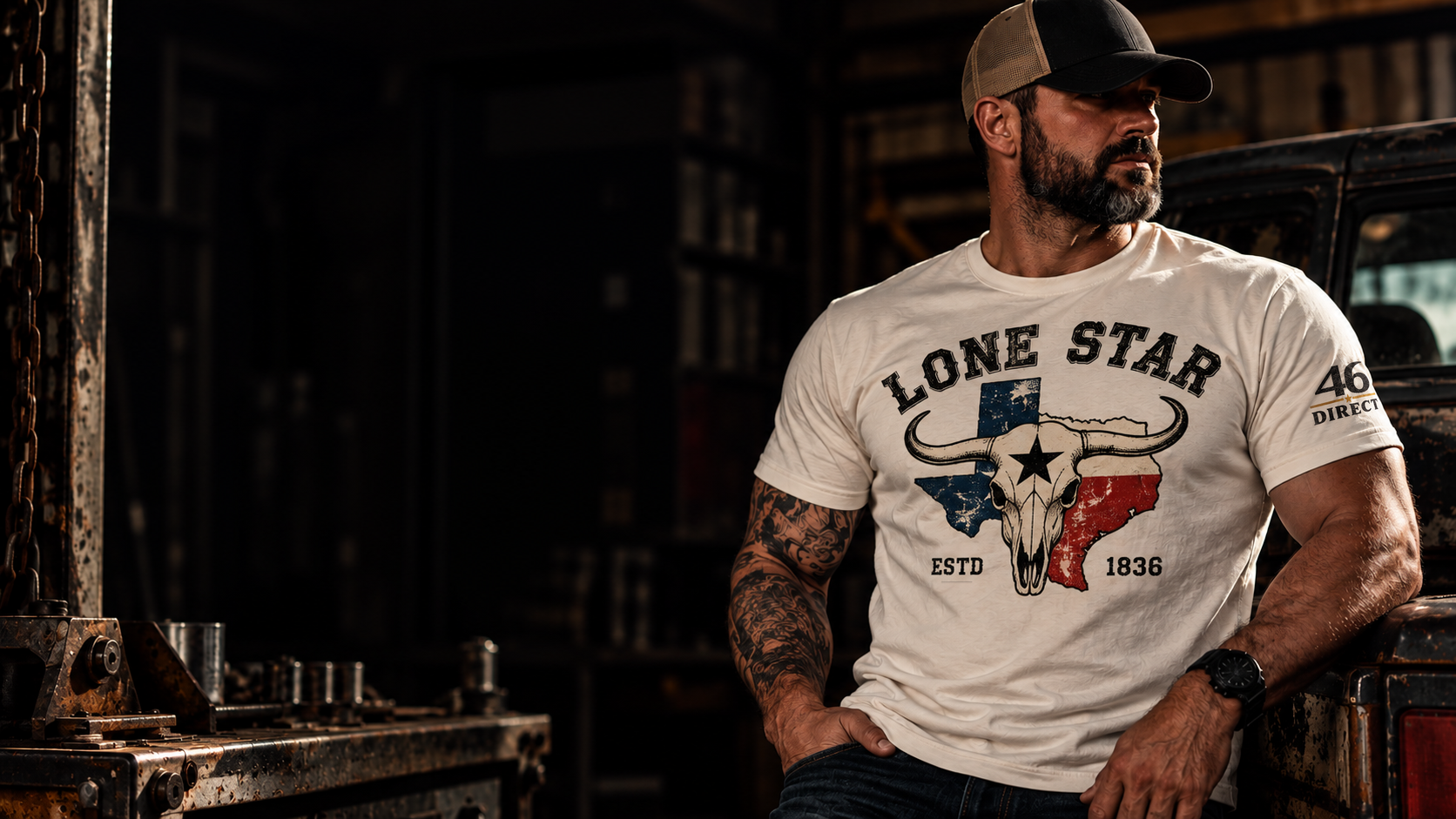 Bearded model wearing a Lone Star shirt in a warm, dark workshop