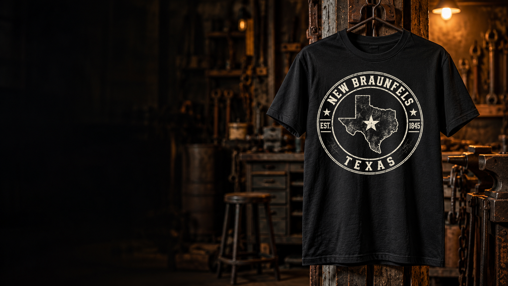 New Braunfels Texas shirt hanging in a workshop